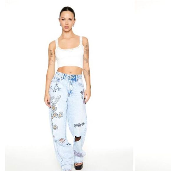 Forever 21 Embroidered Angel Doodle Jeans Size 29 - Picture 2 of 13